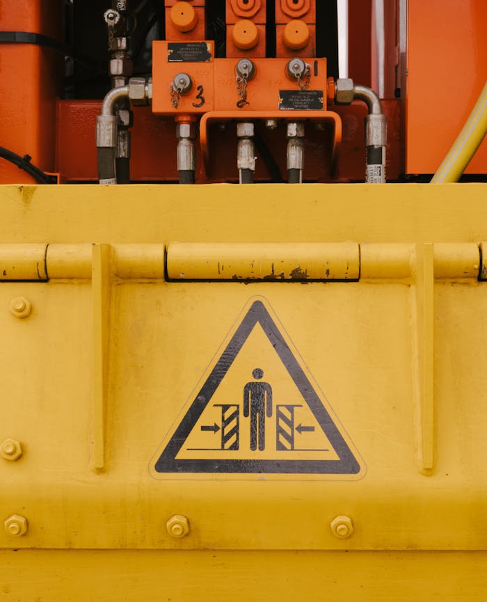 Close-up of industrial machine with a warning sign indicating potential hazards.