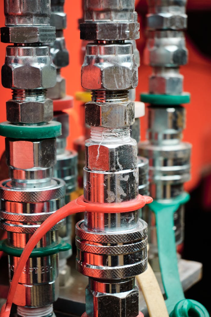 Detailed view of color-coded metal fittings on a machine, showcasing industrial engineering design.